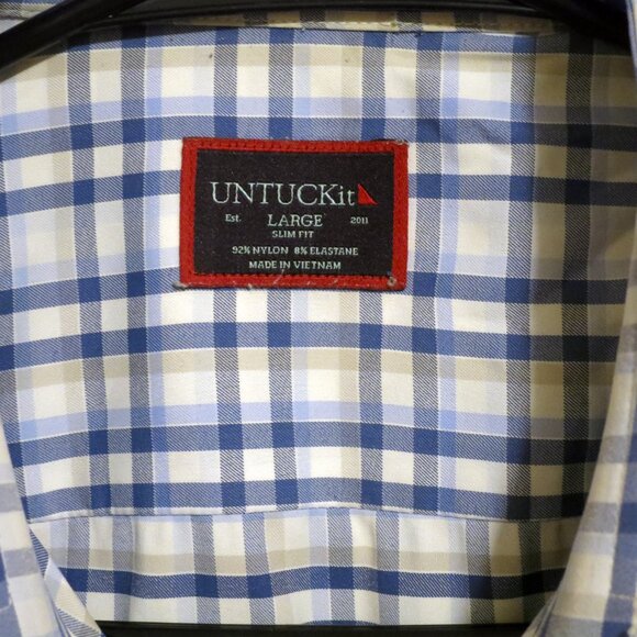 UNTUCKit Shirt Mens Large Long Sleeve Button Nylon Blend Slim White Blue Stripes - Picture 3 of 5
